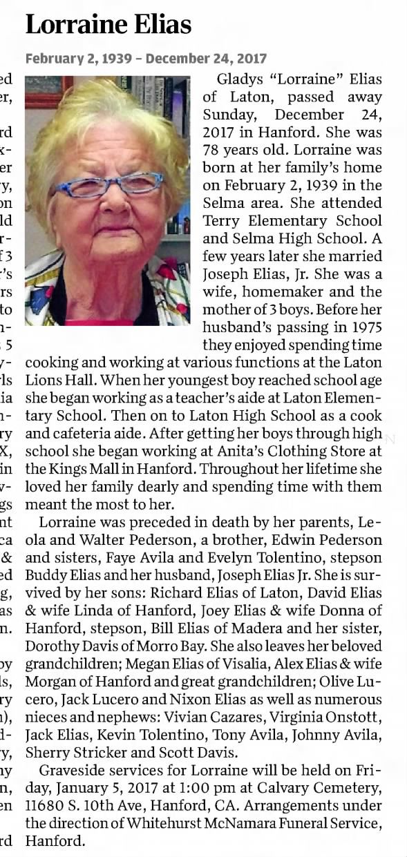 Obituary for Lorraine Elias, 1939-2017 (Aged 78)